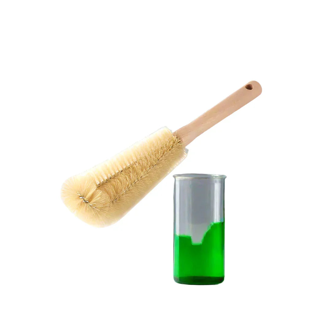 Three long-handled wooden bottle brushes standing together, perfect for various kitchen cleaning tasks.