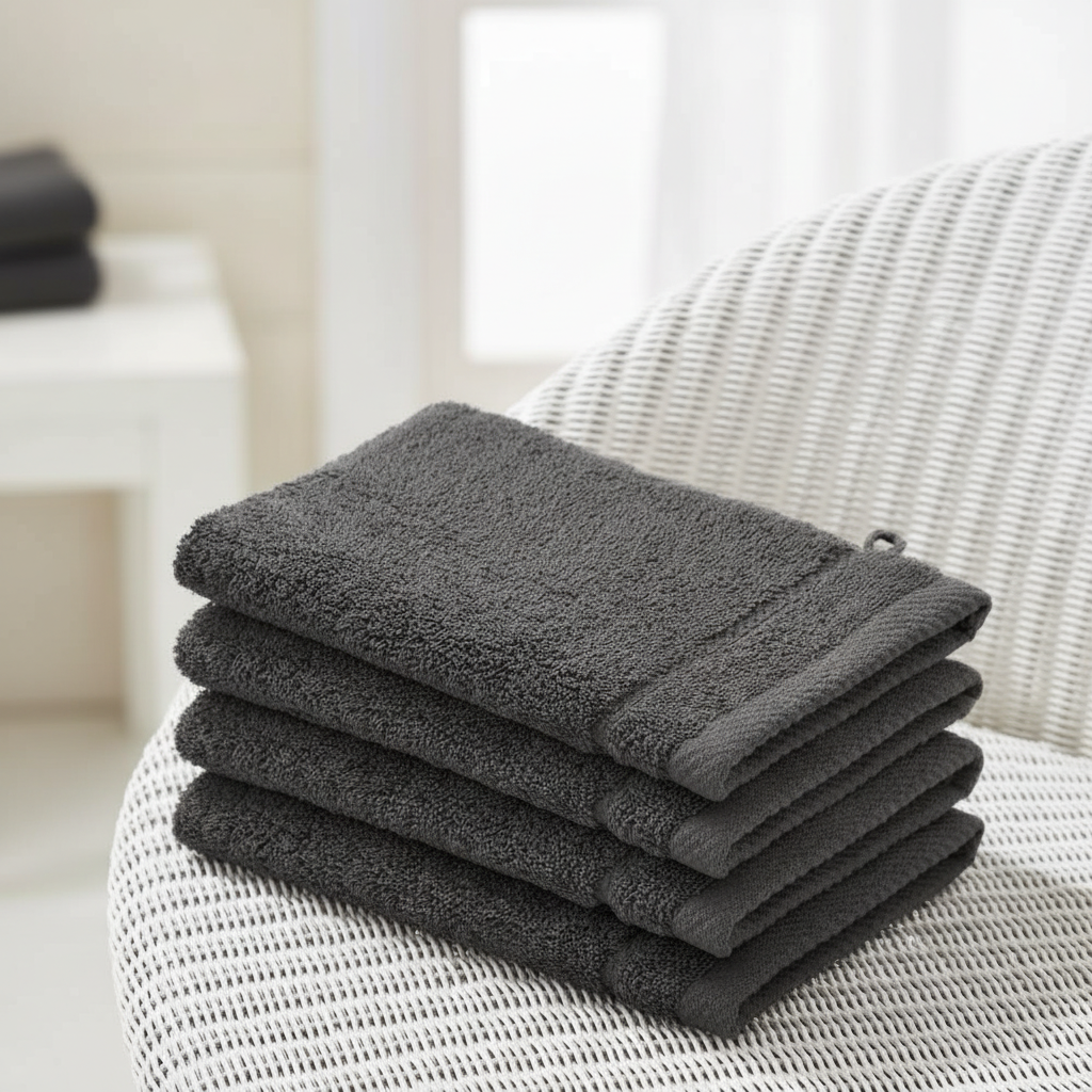 Set of 4 dark gray absorbent washcloths made from CareTowel, perfect for bath linens and face towels