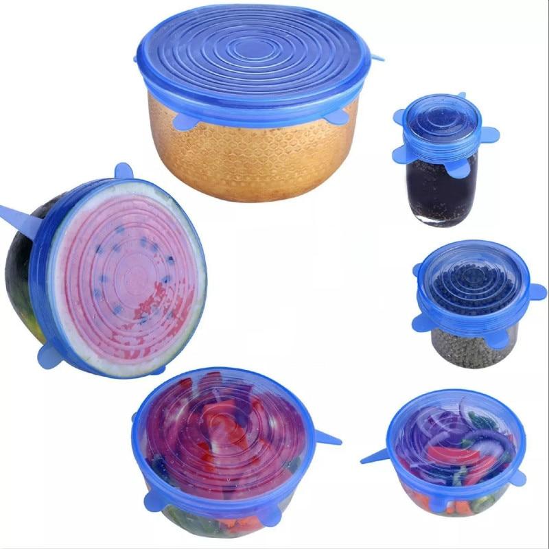 Set of 6 reusable silicone stretch lids, keeping food fresh & airtight in various containers.