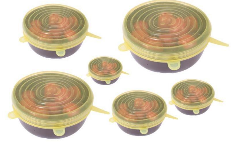 Eco-friendly set of 6 flexible silicone stretch lids, a reusable plastic wrap alternative for food storage.