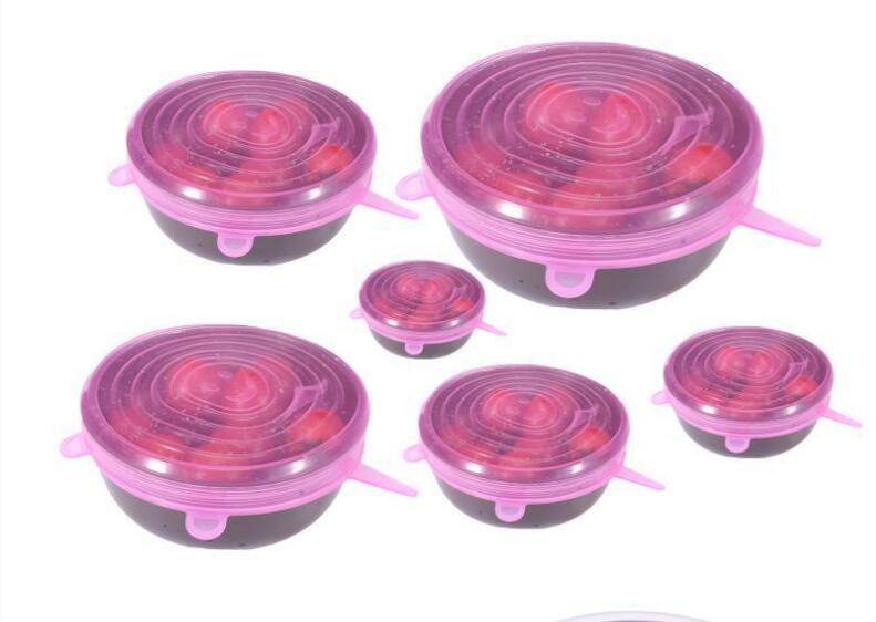 Essential kitchen set of 6 airtight silicone food savers, designed to stretch and seal various containers.