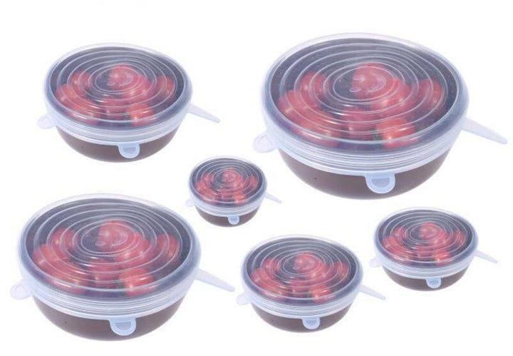 Versatile 6-pack of silicone stretch lids, sealing bowls & containers to keep food fresh, a kitchen essential.