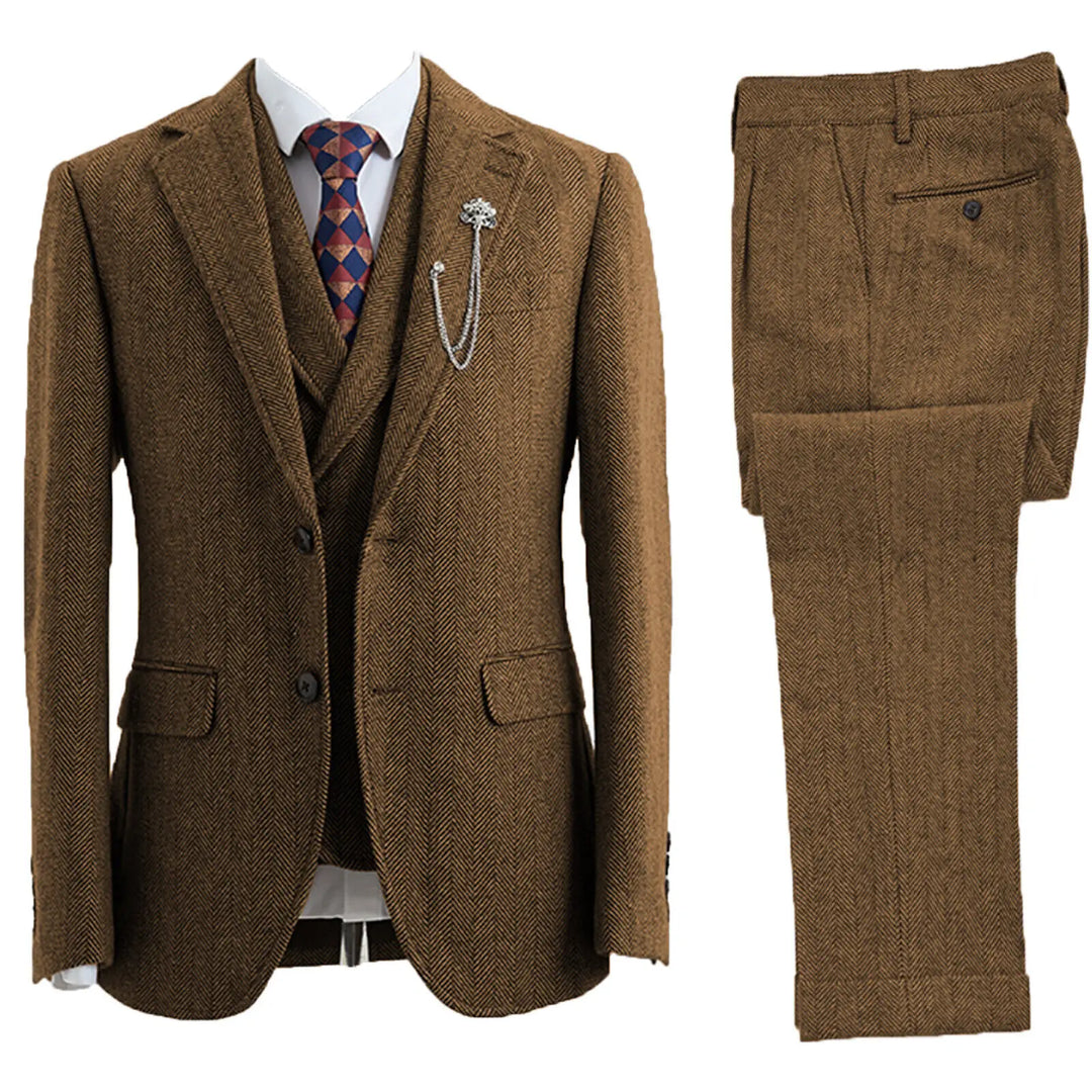 Professional men's herringbone 3-piece business suit. Tailored office attire for a sharp, classic menswear look.