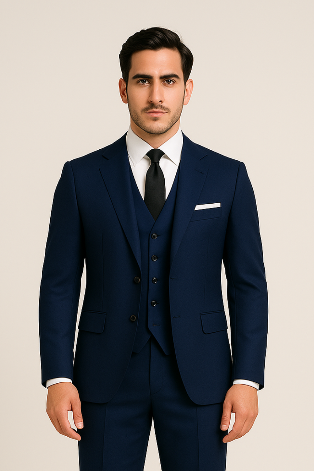 Sharp men's navy three-piece suit, tailored slim fit. Ideal for formal events, business, or weddings. Sophisticated style.