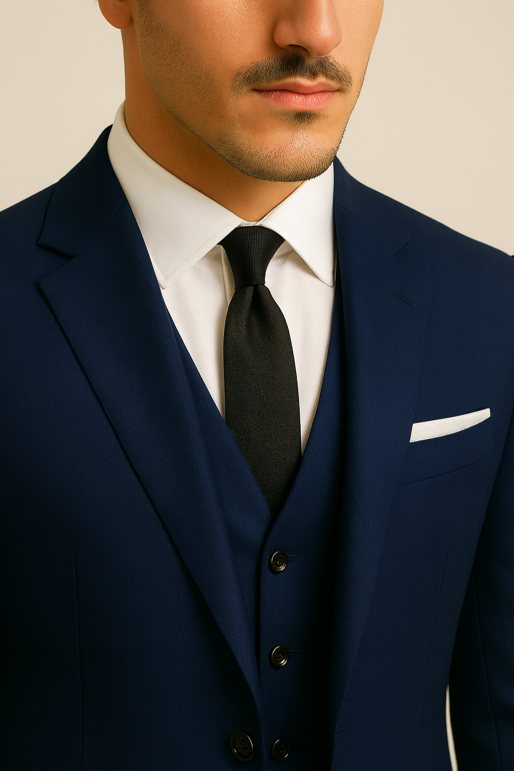 Elegant dark blue three-piece suit for men, perfect for weddings, business, or special occasion formal wear.