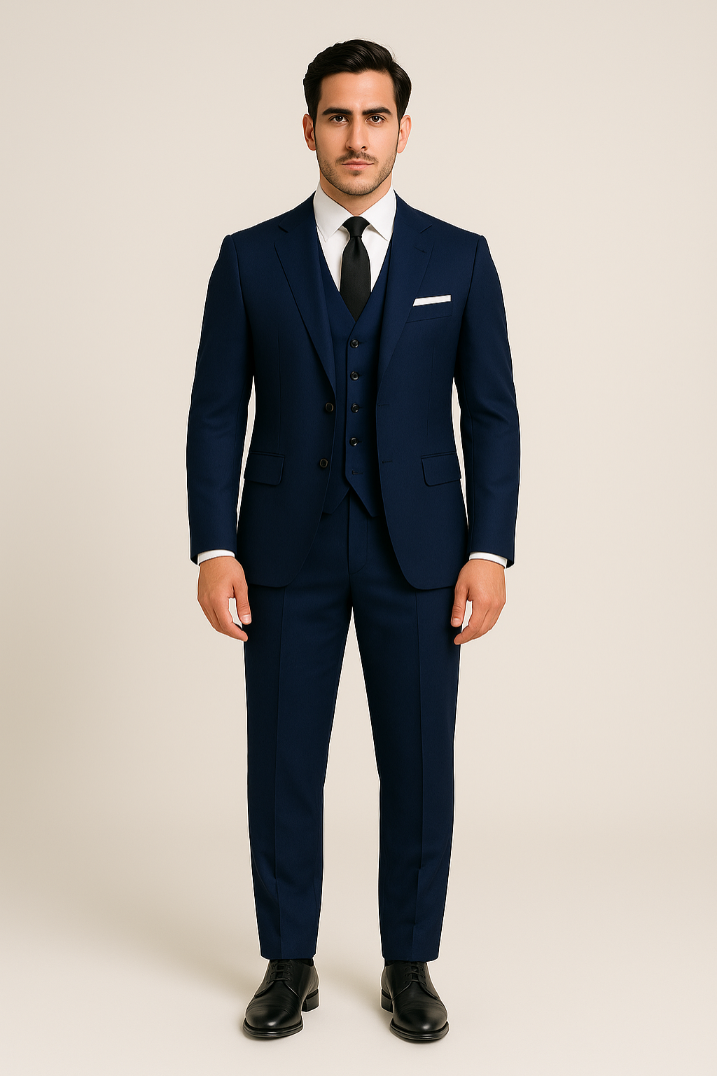 Sophisticated men's navy slim fit suit. Tailored three-piece formal wear, ideal for evening events & special occasions.