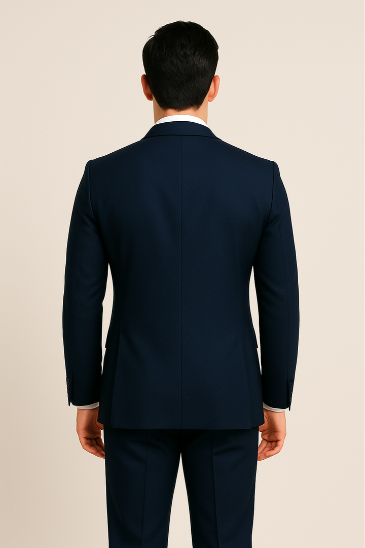 Stylish men's navy three-piece suit, a tailored dark blue formal wear option for business, weddings & galas.