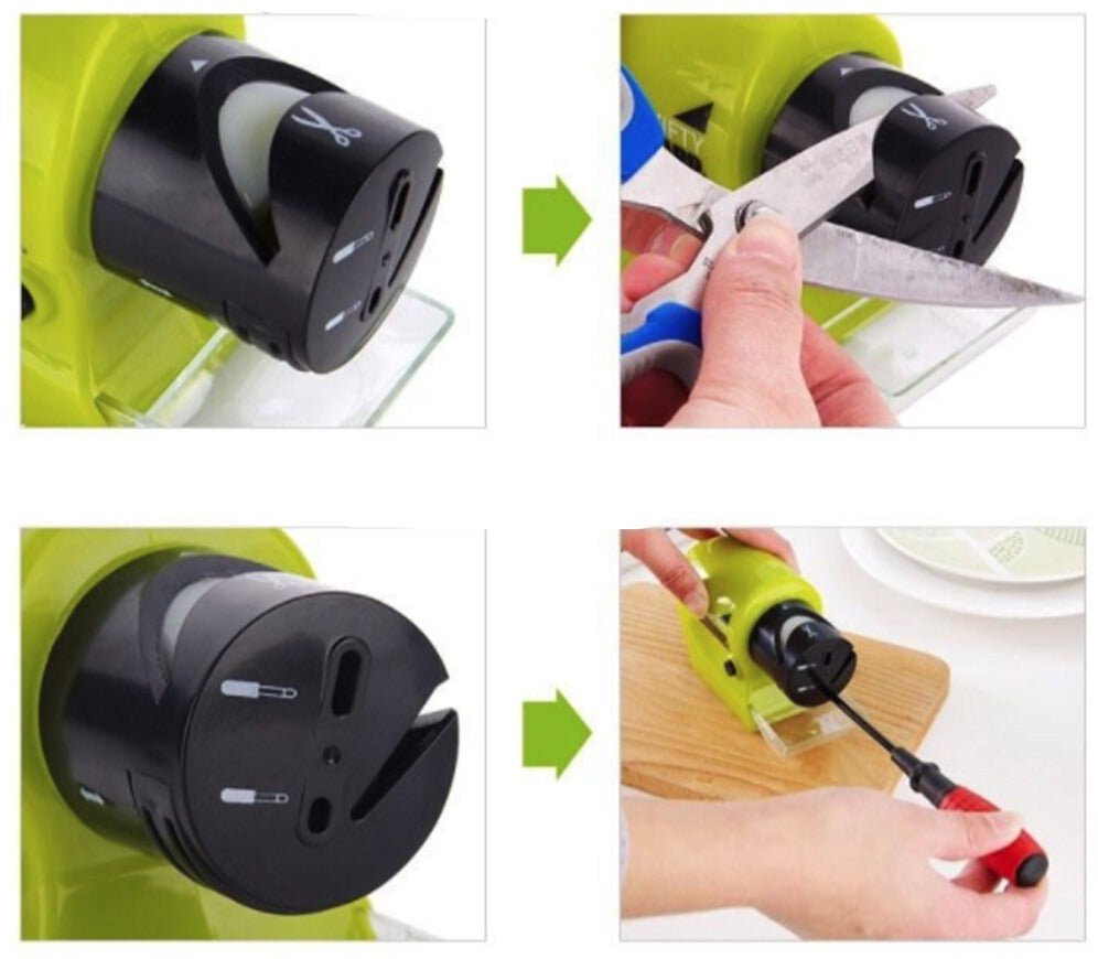 Powerful electric sharpener ensures razor-sharp kitchen knives, scissors, and workshop tools for safer cutting.