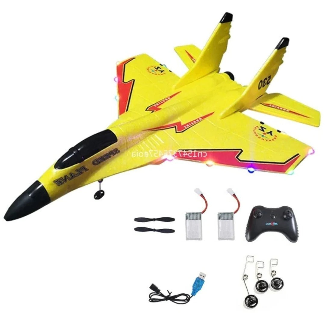 Sleek remote control airplane in flight, a shatter-resistant outdoor toy offering exciting aerial experiences for all ages.