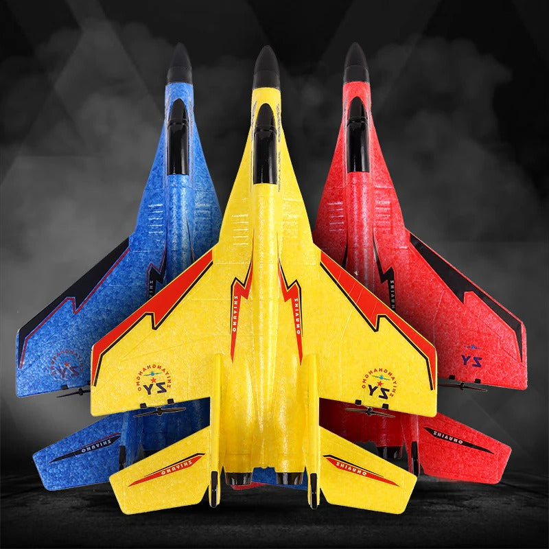 Vibrant shatter-resistant remote control plane, soaring high. A durable outdoor flying toy for enthusiasts of all ages.
