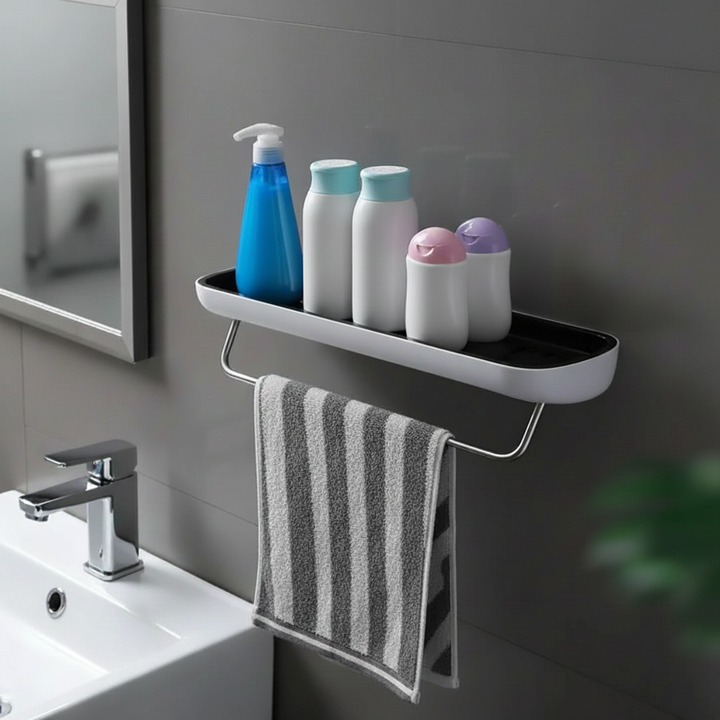 ShelfEase bathroom wall shelf, drill-free, with towel bar, and adhesive strips