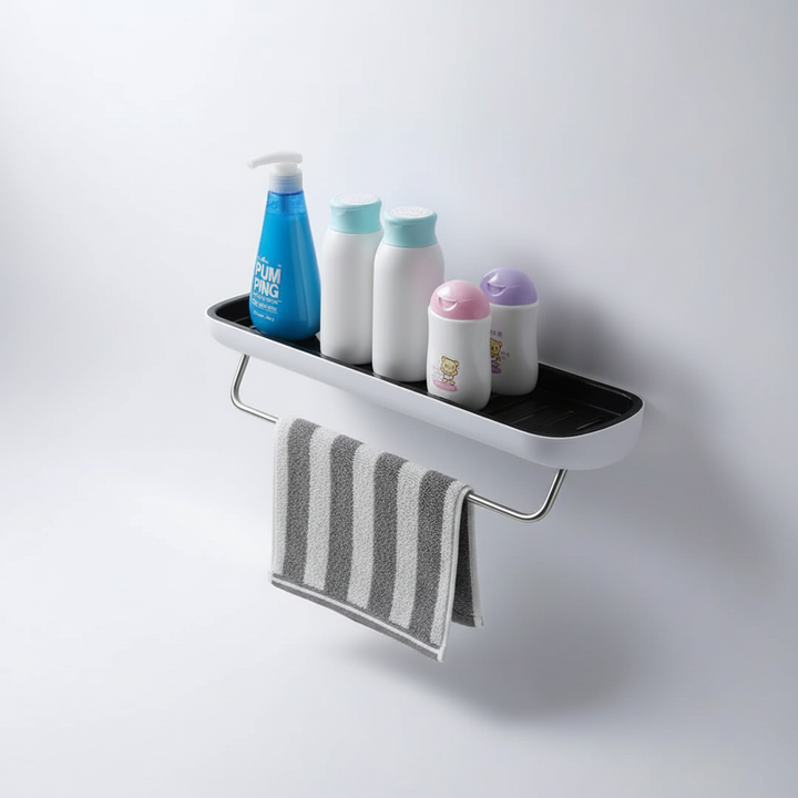 White plastic bathroom organizer shelf with stainless steel towel bar, self-adhesive