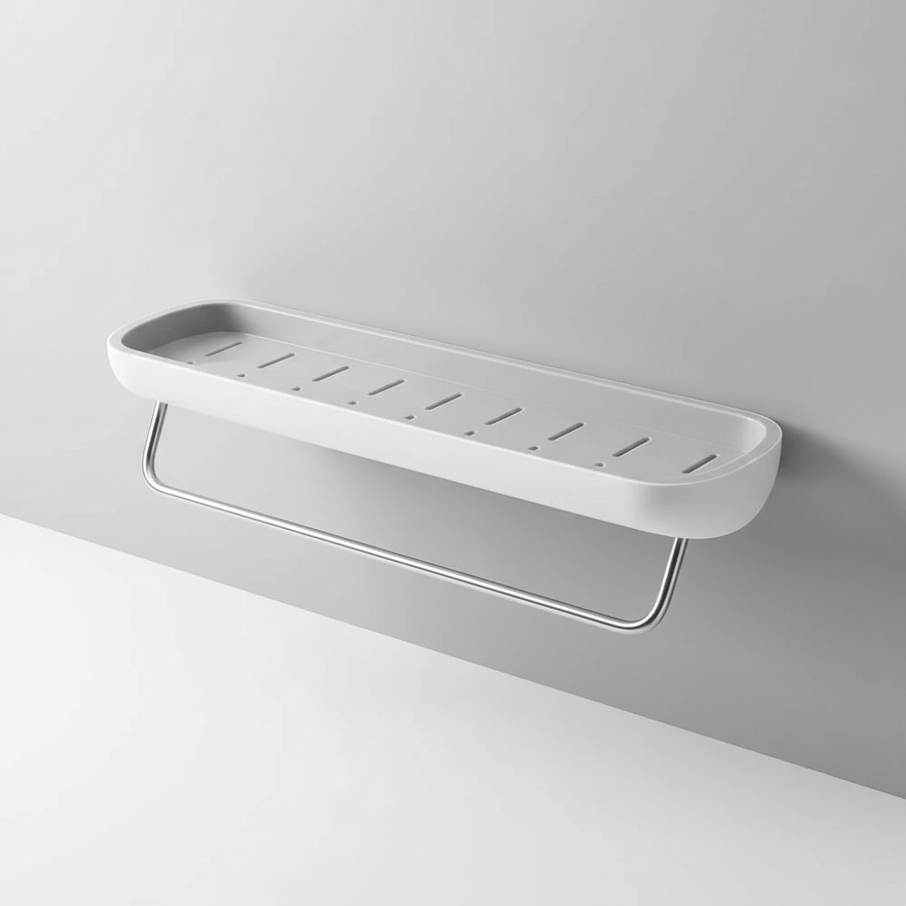 Close-up of ShelfEase self-adhesive bathroom wall shelf with integrated towel bar
