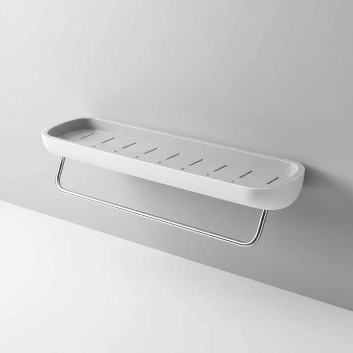 Close-up of ShelfEase self-adhesive bathroom wall shelf with integrated towel bar