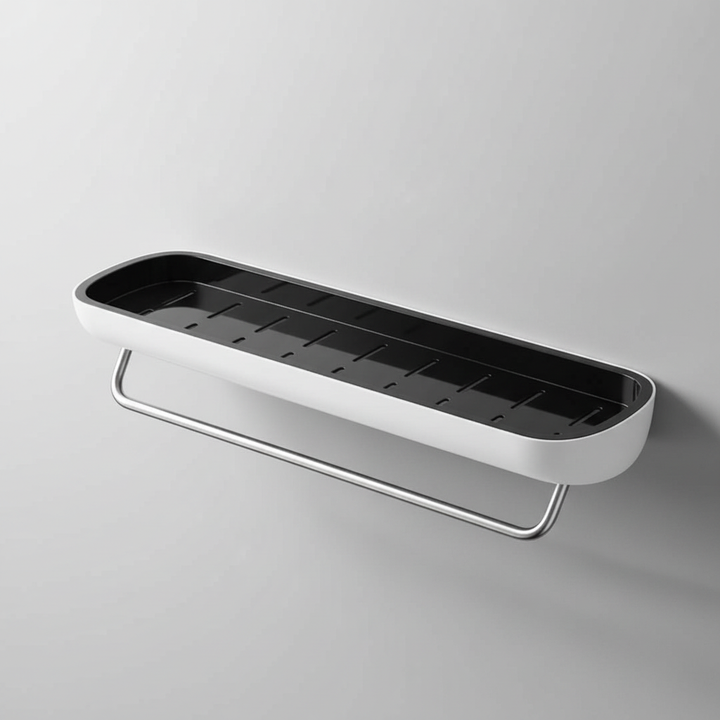 ShelfEase bathroom shelf, plastic and stainless steel, providing convenient wall storage