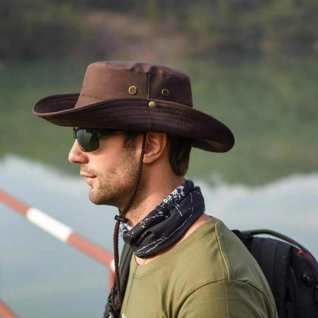 Front view of the ShieldFlex Pro water-resistant bucket hat in a neutral color