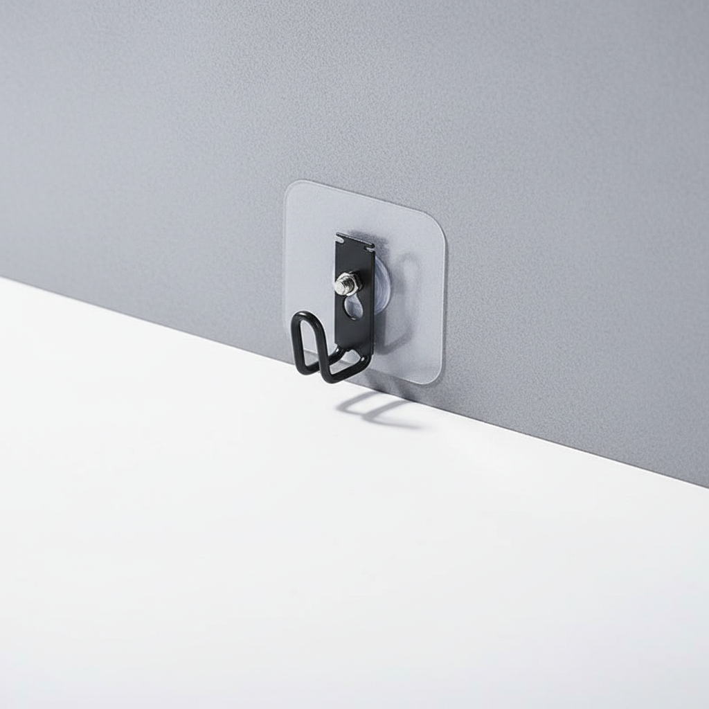 Close-up of a stainless steel adhesive hook, perfect for towels and robes without drilling.