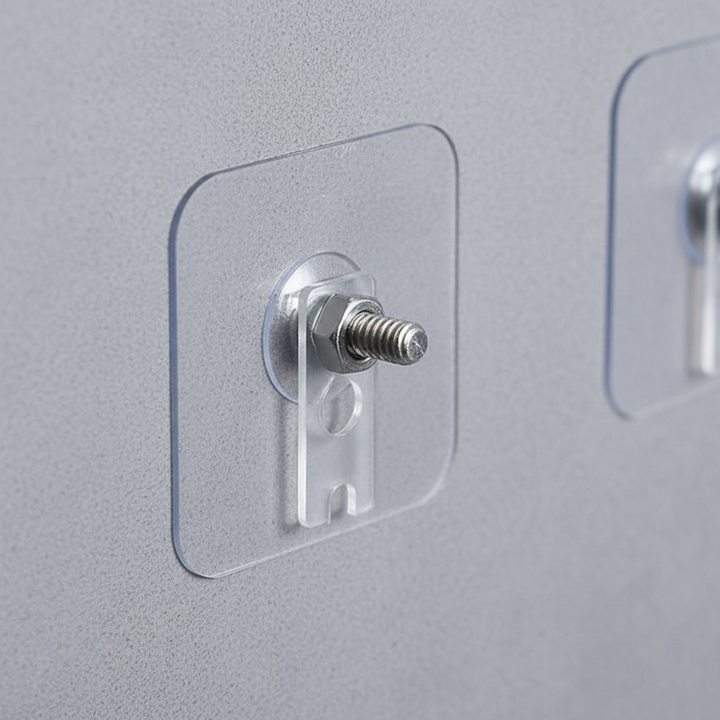 Three StickCorner self-adhesive wall hooks in a modern bathroom, ideal for organization.