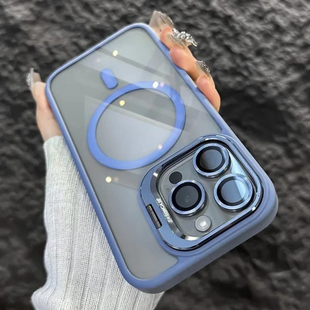 Durable phone case with kickstand, glass lens guard, and magnetic feature, compatible with iPhone