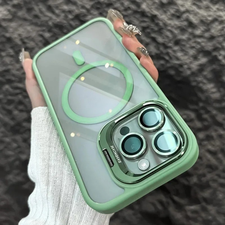 Slim profile shockproof magnetic phone case, offering full protection with lens guard and stand