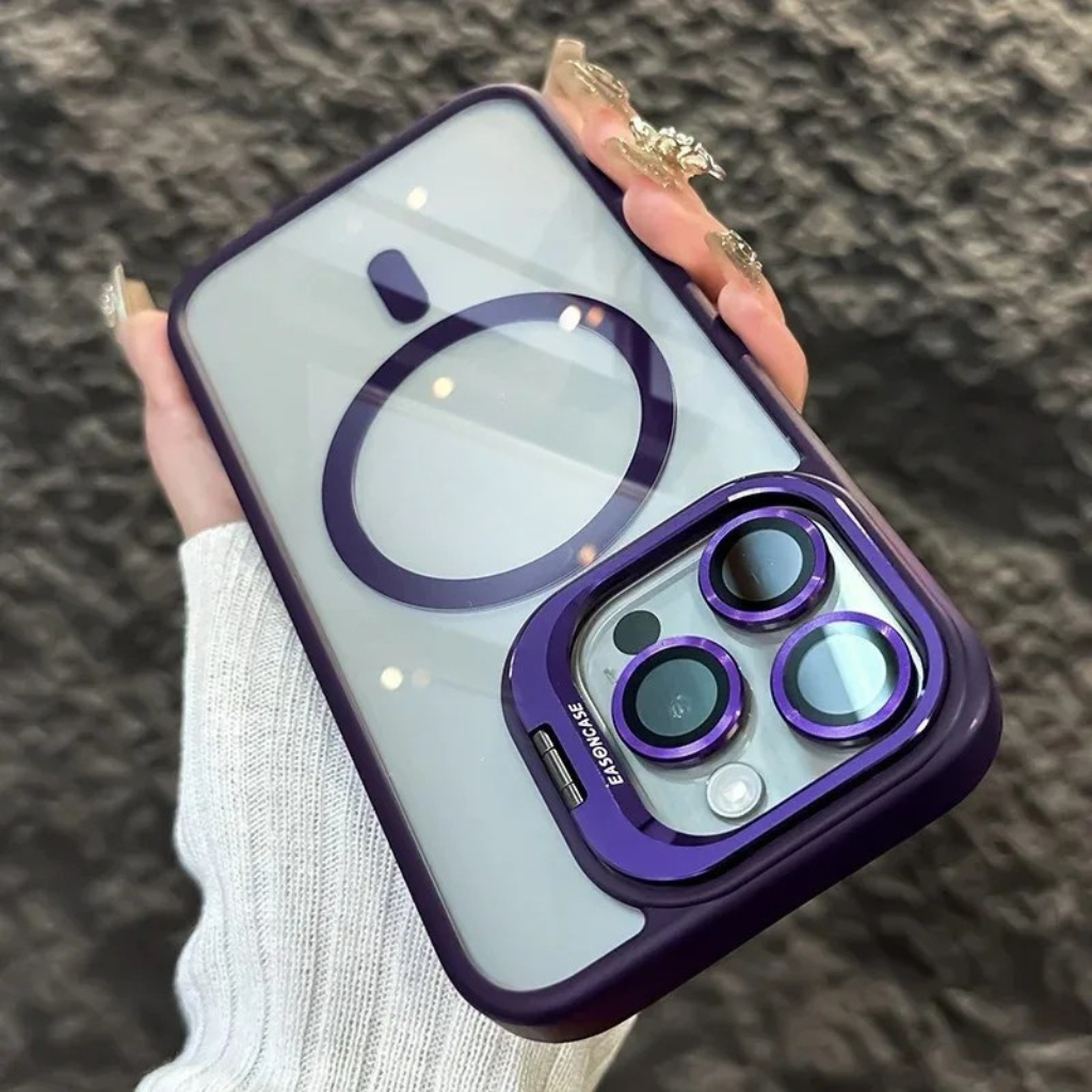 Blue shockproof magnetic iPhone case with integrated lens guard and a convenient pull-out kickstand