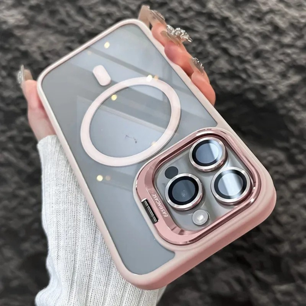 Gray shockproof magnetic phone housing with a clear lens guard and an adjustable viewing stand