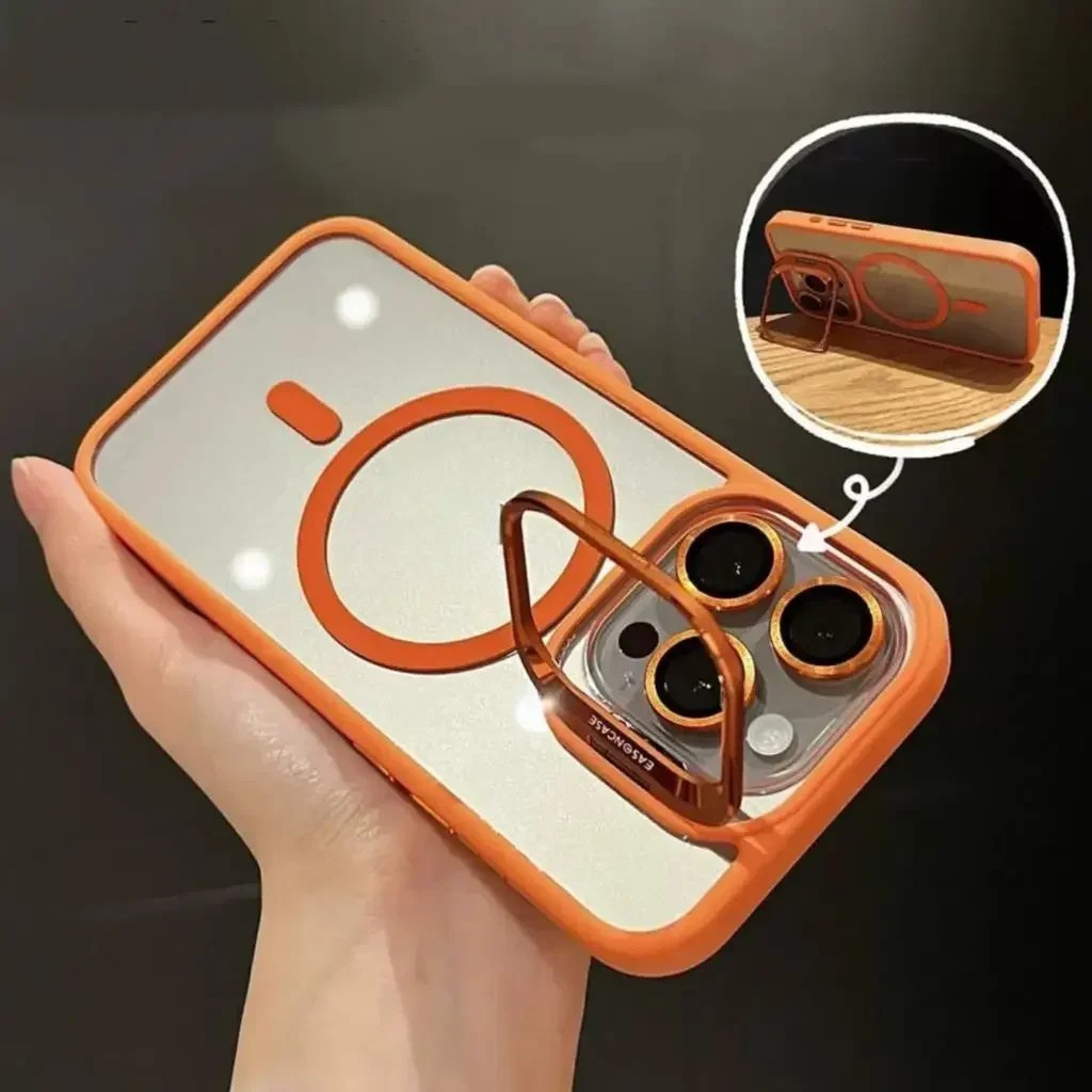 Protective magnetic phone cover with clear glass lens protector and integrated stand, side view