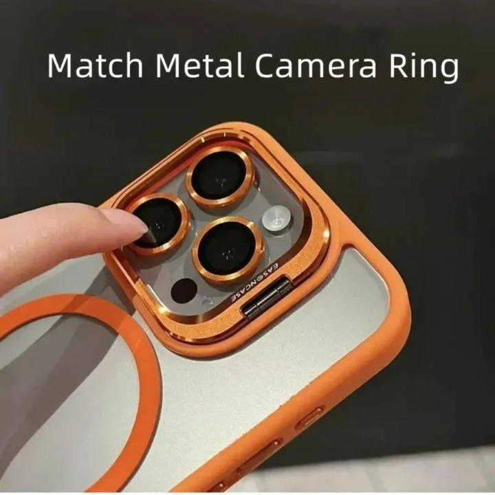 Close-up of the shockproof magnetic phone case with raised lens guard and retractable kickstand