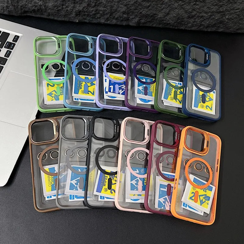 iPhone accessory: magnetic shockproof case, clear back panel, black frame, and integrated stand