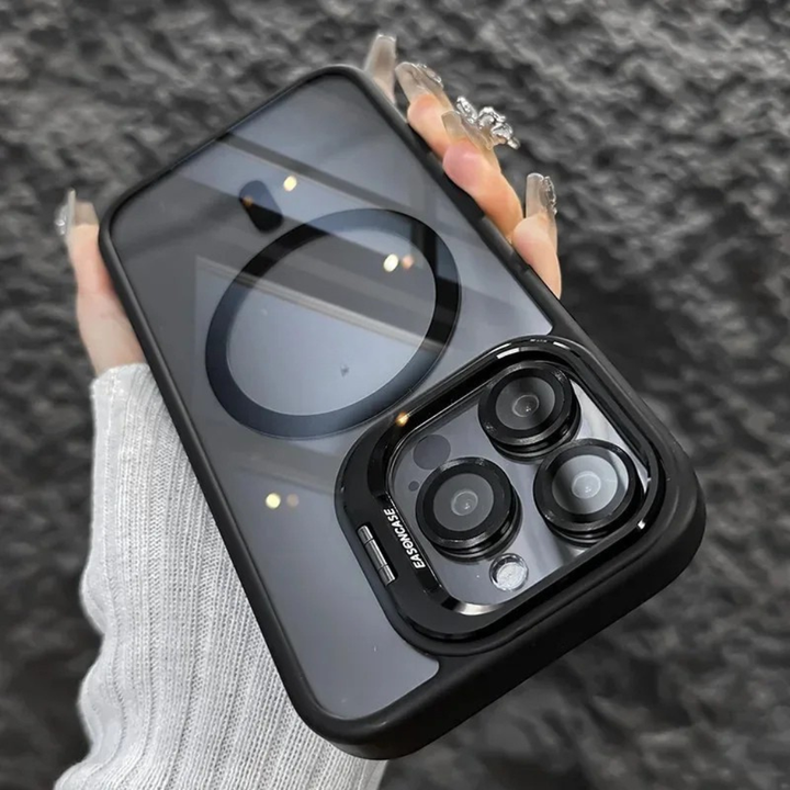 Front view of an iPhone in a shockproof magnetic case with a deployed kickstand, black color