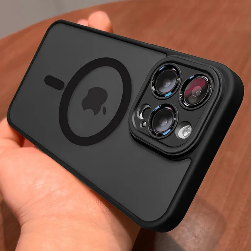 Shockproof matte black iPhone case with MagSafe, protecting phone from drops.