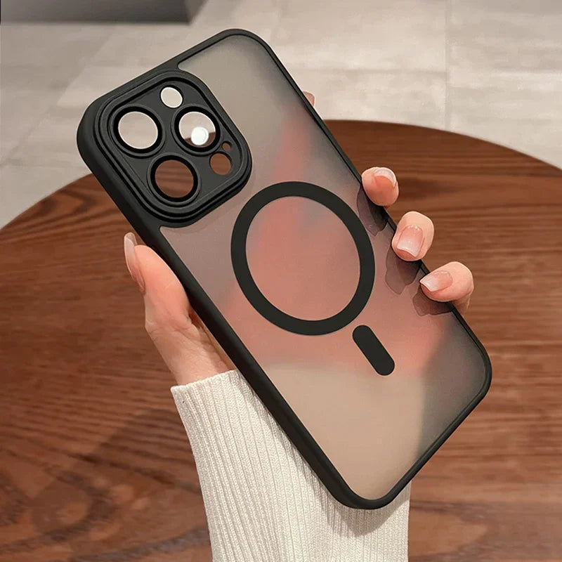 Sleek matte finish phone case with integrated MagSafe ring, highlighting minimalist iPhone accessory design.