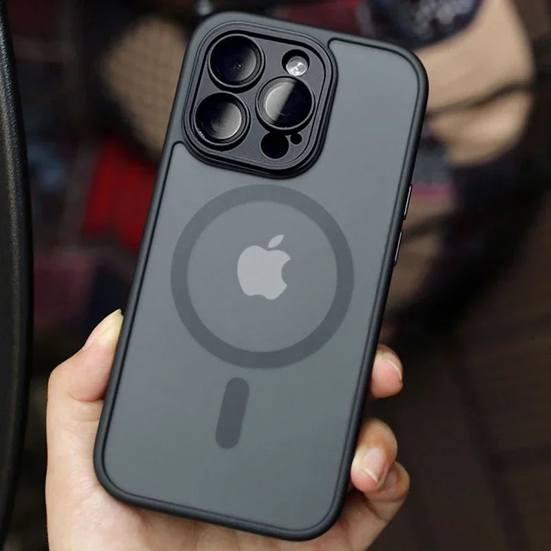 Durable shockproof iPhone case in matte texture, showcasing magnetic MagSafe alignment.