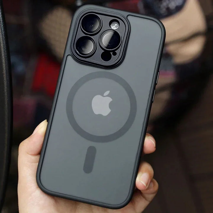 Durable shockproof iPhone case in matte texture, showcasing magnetic MagSafe alignment.