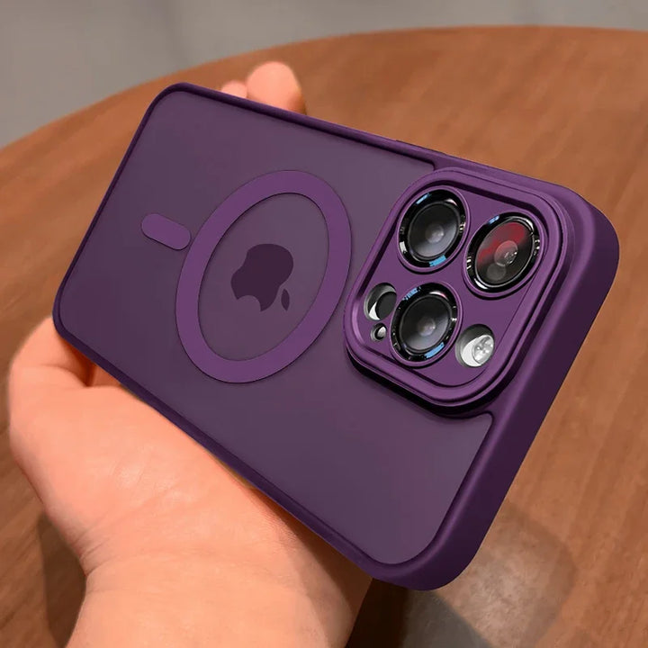 Matte finish iPhone case with MagSafe, illustrating secure magnetic attachment for charging.