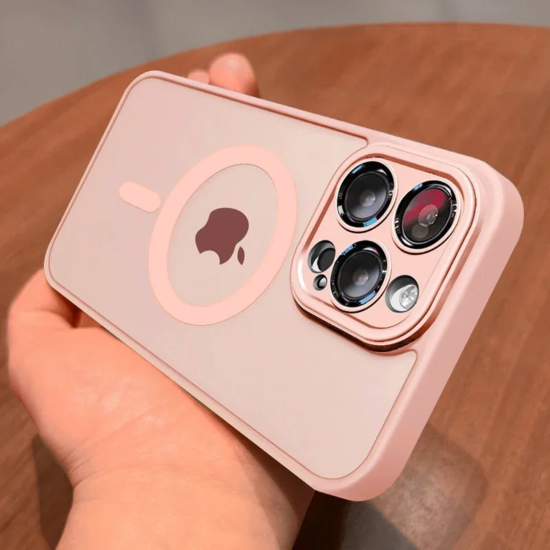 Detail view of a matte phone case's MagSafe ring, designed for magnetic stability and wireless charging.