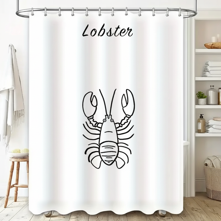 ShoreClasp water-repellent maritime shower curtain with black & white design in a modern bathroom.