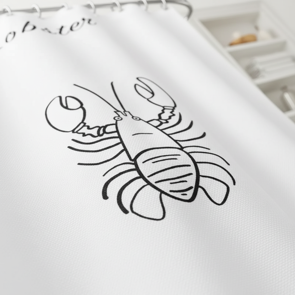 Unisex black & white maritime shower curtain, ShoreClasp, adding a nautical touch to bathroom decor.