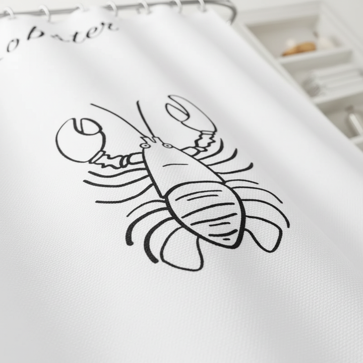 Unisex black & white maritime shower curtain, ShoreClasp, adding a nautical touch to bathroom decor.