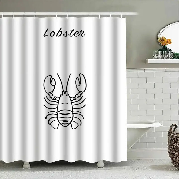 ShoreClasp shower curtain made of water-repellent polyester, showcasing its crisp black and white design.