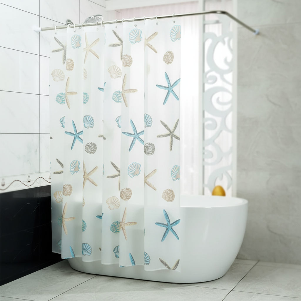 ShoreGuard waterproof polyester shower curtain with a modern floral pattern, mold resistant for bathroom decor.