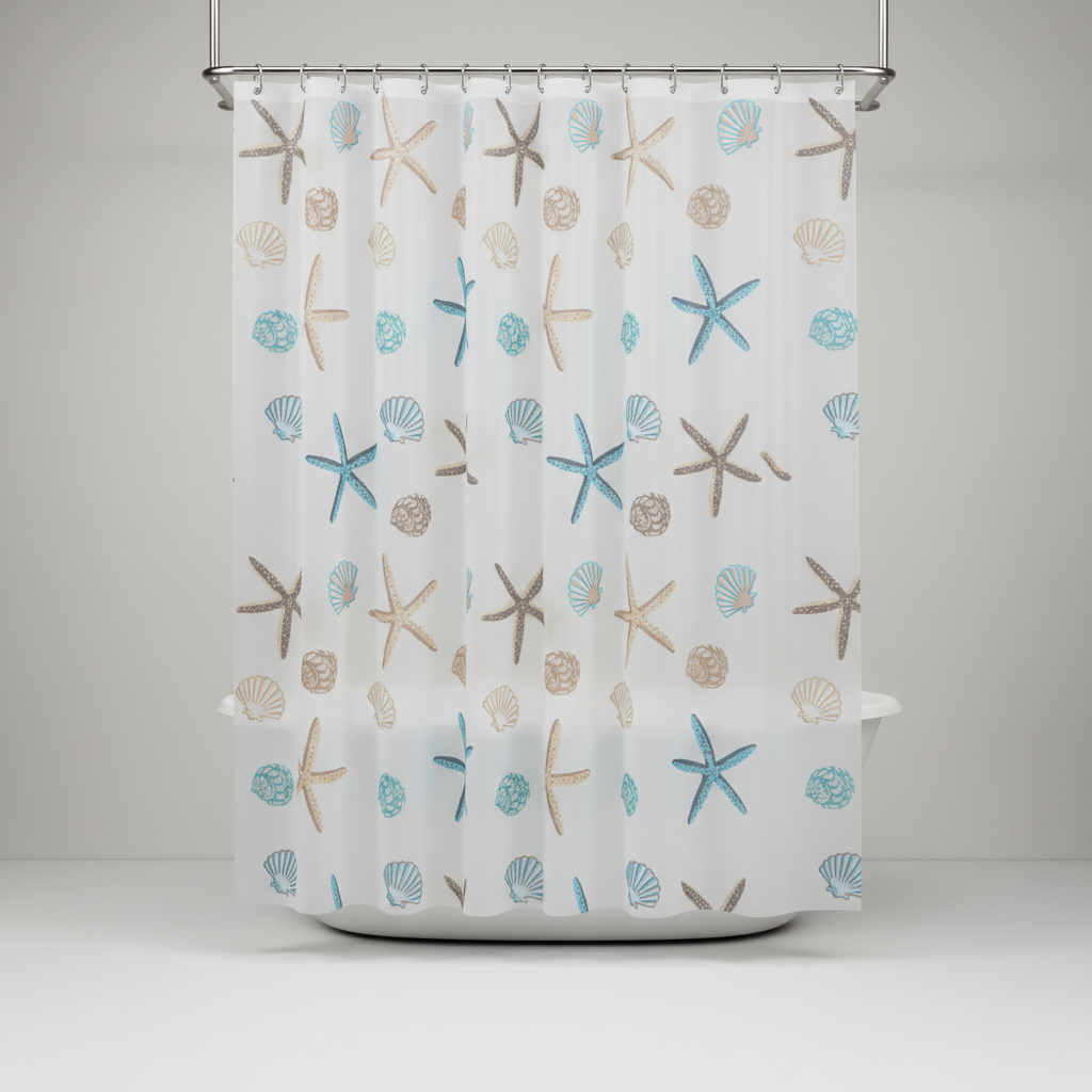 Nautical themed waterproof polyester shower curtain, ShoreGuard, enhancing bathroom safety and style.