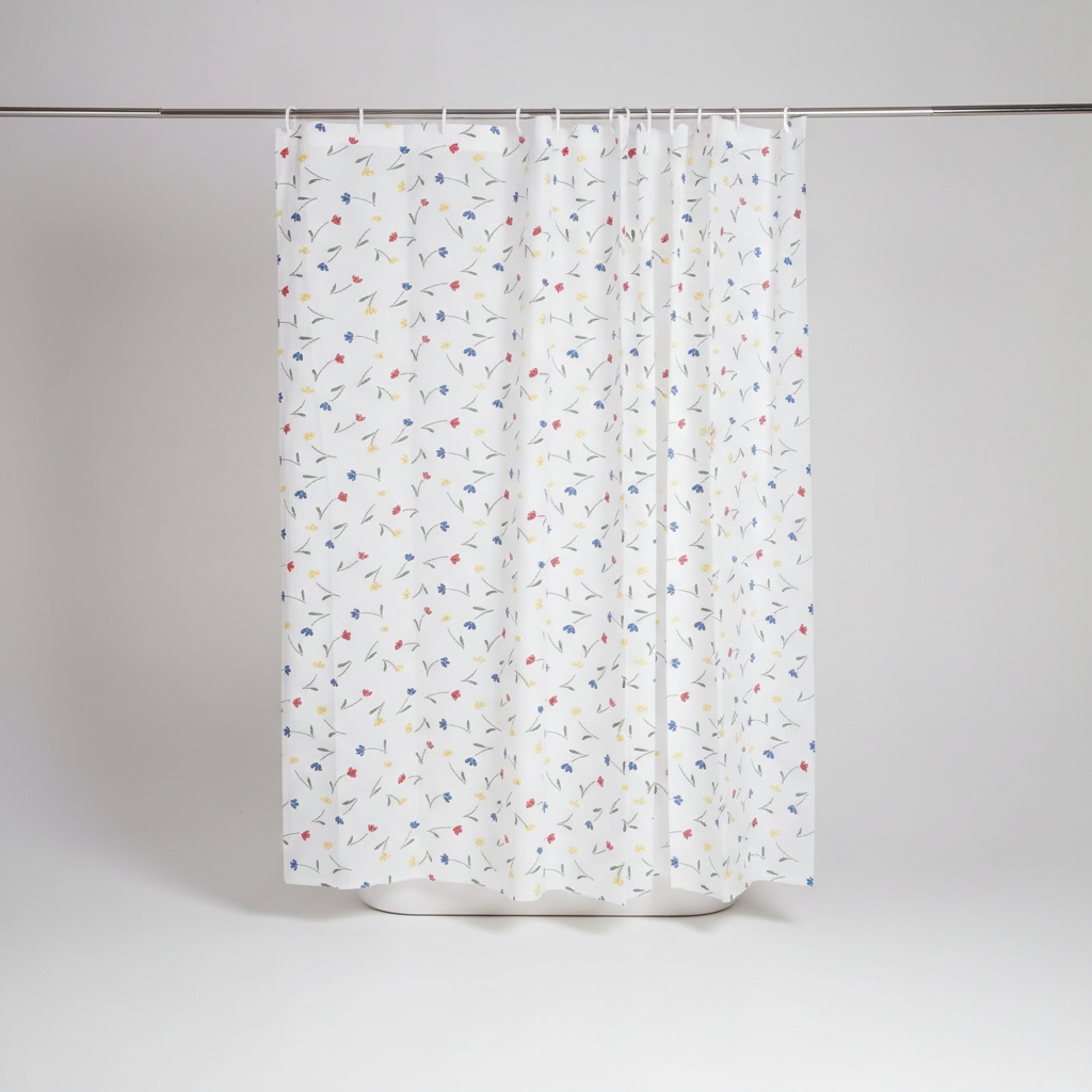 Modern bathroom decor featuring a ShoreGuard waterproof polyester shower curtain with a unique pattern.