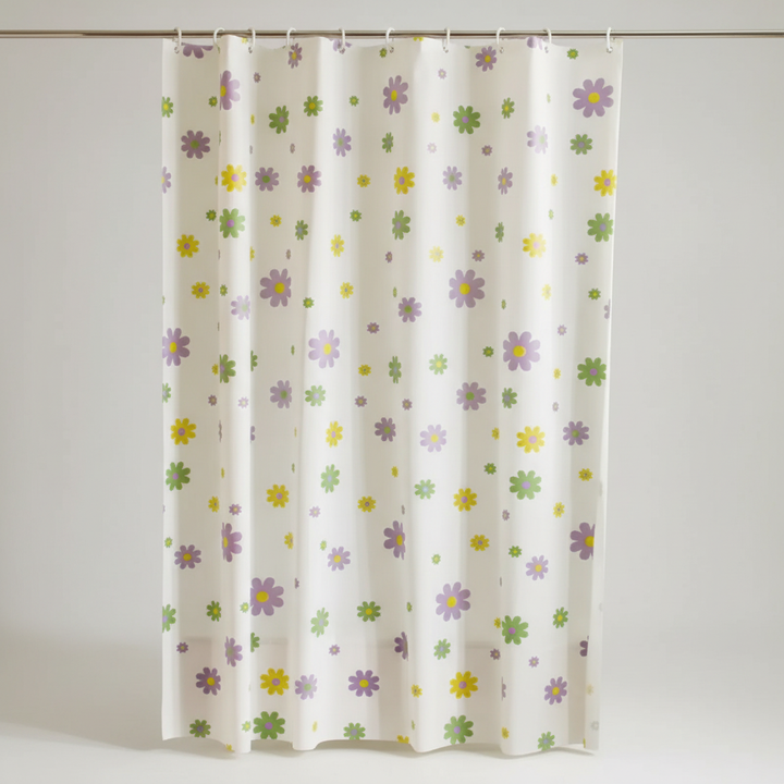 ShoreGuard waterproof shower curtain made from durable polyester, featuring a contemporary floral print.