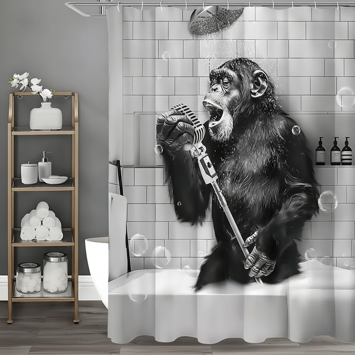 ShowerChimp humorous monkey shower curtain, black and white print, funny bathroom decor, water repellent polyester