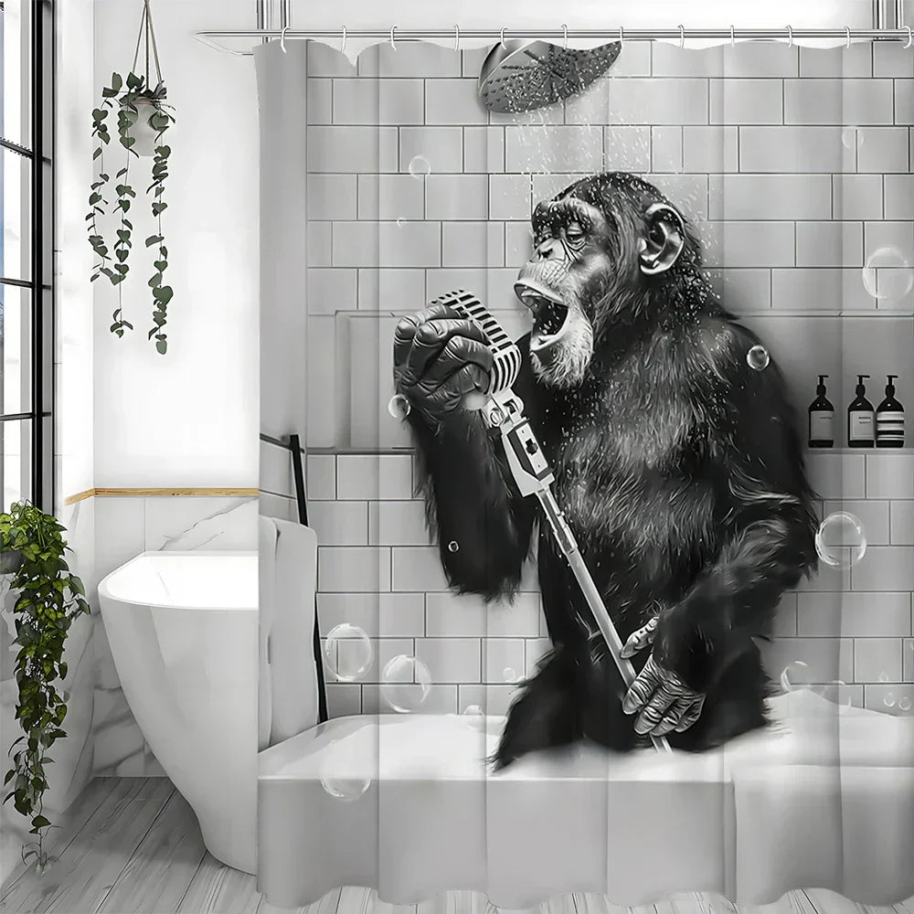 Water repellent shower curtain with humorous monkey design, black and white, perfect for bathroom decor