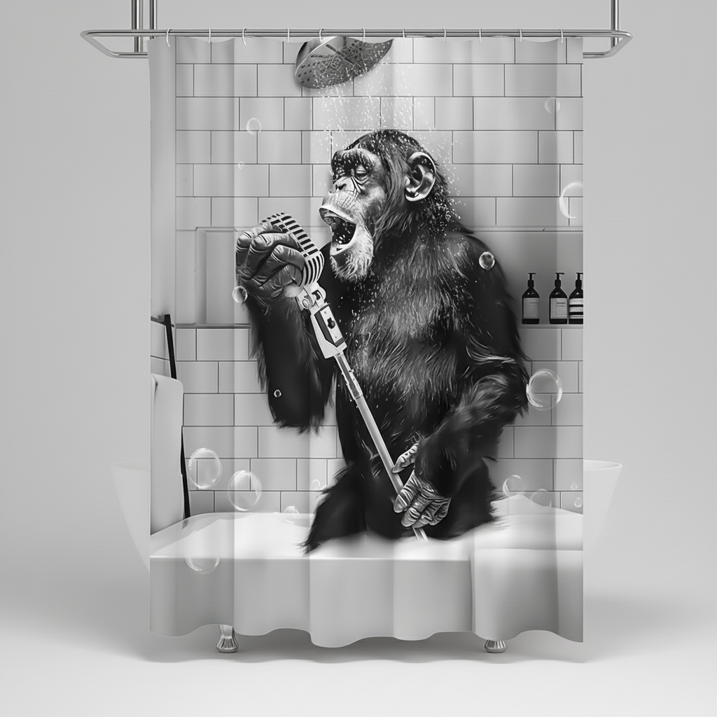 Schwarzweiß Bedruckter Duschvorhang ShowerChimp, funny monkey print, durable polyester bathroom accessory