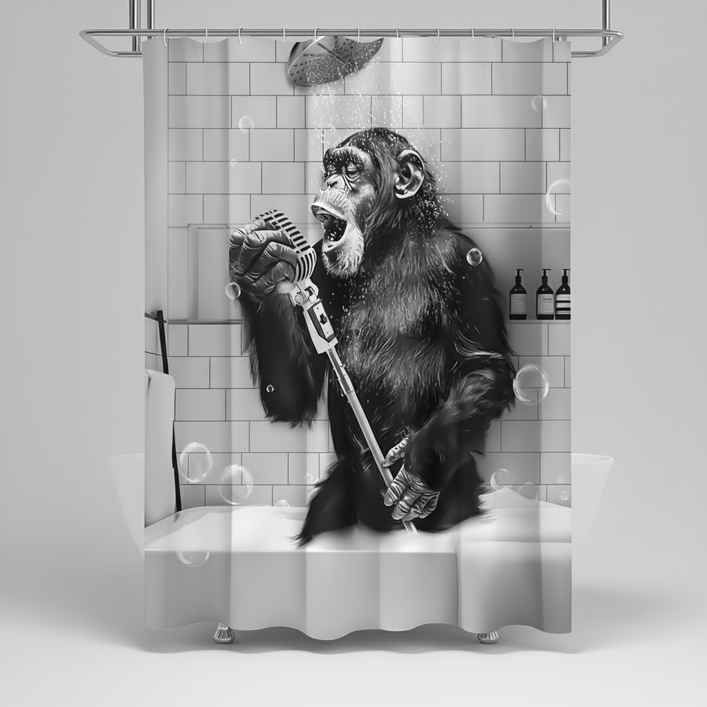 Bathroom decor: black and white monkey shower curtain, water repellent and humorous design, novelty item