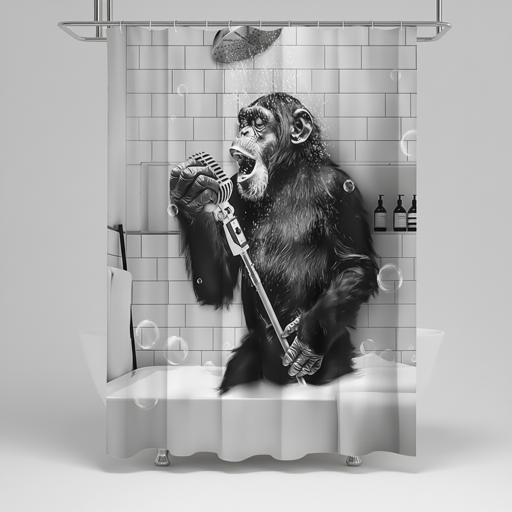 Humorous monkey themed shower curtain, black and white print, quality polyester for a funny bathroom