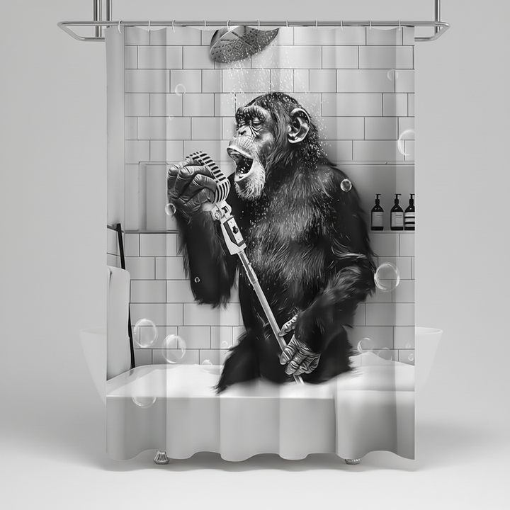 Novelty ShowerChimp black and white monkey shower curtain, water repellent bathroom decor, funny and functional